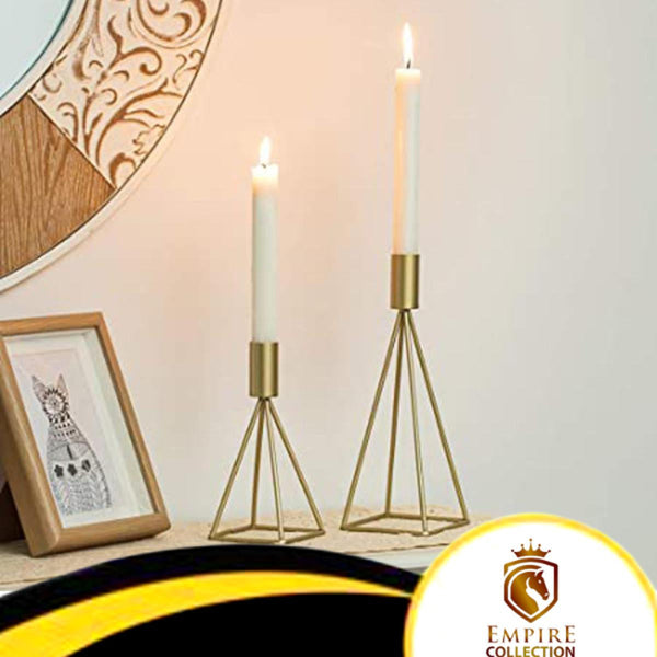 Elegant Geometric Wire Taper Candle Holders Candlestick Holder Set of 2, Modern Minimalist Decorative Centerpiece for Fireplace Mantel Coffee Tabletop Counter, Gold Finish which Enhance the Look Made By EMPIRE COLLECTION