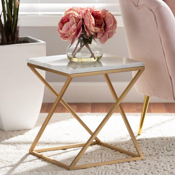 Gold Side Table, Metal Rectangle End Table Modern Sofa Side Table Gold Frame Bedroom Nightstand - White Small Accent Table for Living Room Home Décor