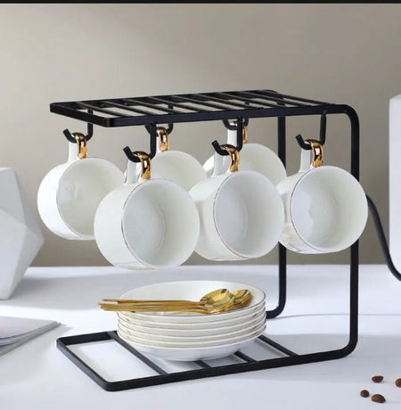 6 Hooks coffee cups rack in black,Metal Drying cups n saucer rack, Dining Table Stand Home and Kitchen Accessories