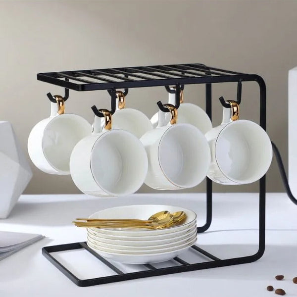 6 Hooks coffee cups rack in black,Metal Drying cups n saucer rack, Dining Table Stand Home and Kitchen Accessories