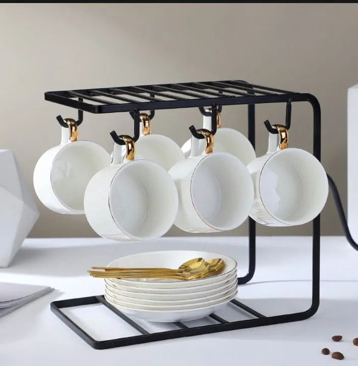 6 Hooks coffee cups rack in black,Metal Drying cups n saucer rack, Dining Table Stand Home and Kitchen Accessories