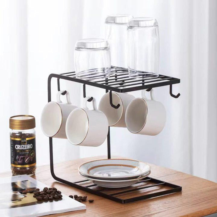 6 Hooks coffee cups rack in black,Metal Drying cups n saucer rack, Dining Table Stand Home and Kitchen Accessories