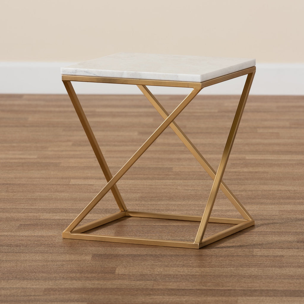 Gold Side Table, Metal Rectangle End Table Modern Sofa Side Table Gold Frame Bedroom Nightstand - White Small Accent Table for Living Room Home Décor