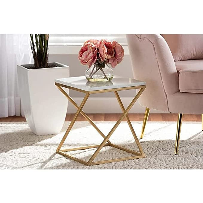 Gold Side Table, Metal Rectangle End Table Modern Sofa Side Table Gold Frame Bedroom Nightstand - White Small Accent Table for Living Room Home Décor