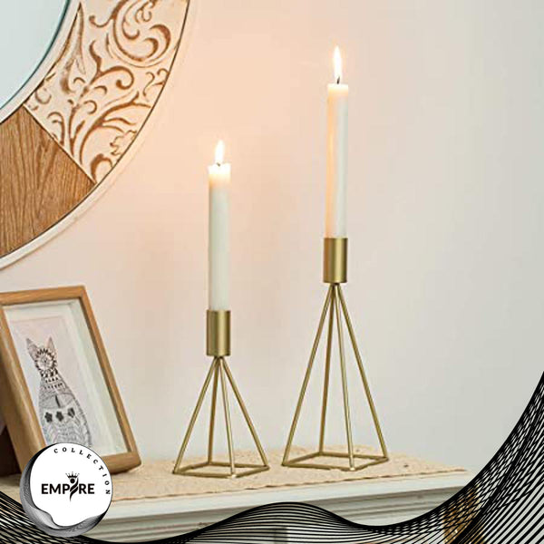 Elegant Geometric Wire Taper Candle Holders Candlestick Holder Set of 2, Modern Minimalist Decorative Centerpiece for Fireplace Mantel Coffee Tabletop Counter, Gold Finish which Enhance the Look Made By EMPIRE COLLECTION