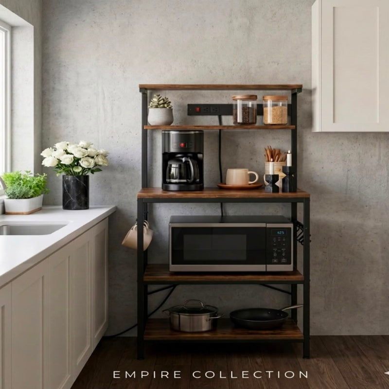 5 Tier Microwave Oven Rack | Kitchen Storage Organizer | Heavy Duty Metal & Wood Shelf | Empire Collection