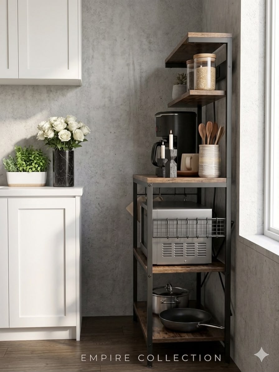 5 Tier Microwave Oven Rack | Kitchen Storage Organizer | Heavy Duty Metal & Wood Shelf | Empire Collection