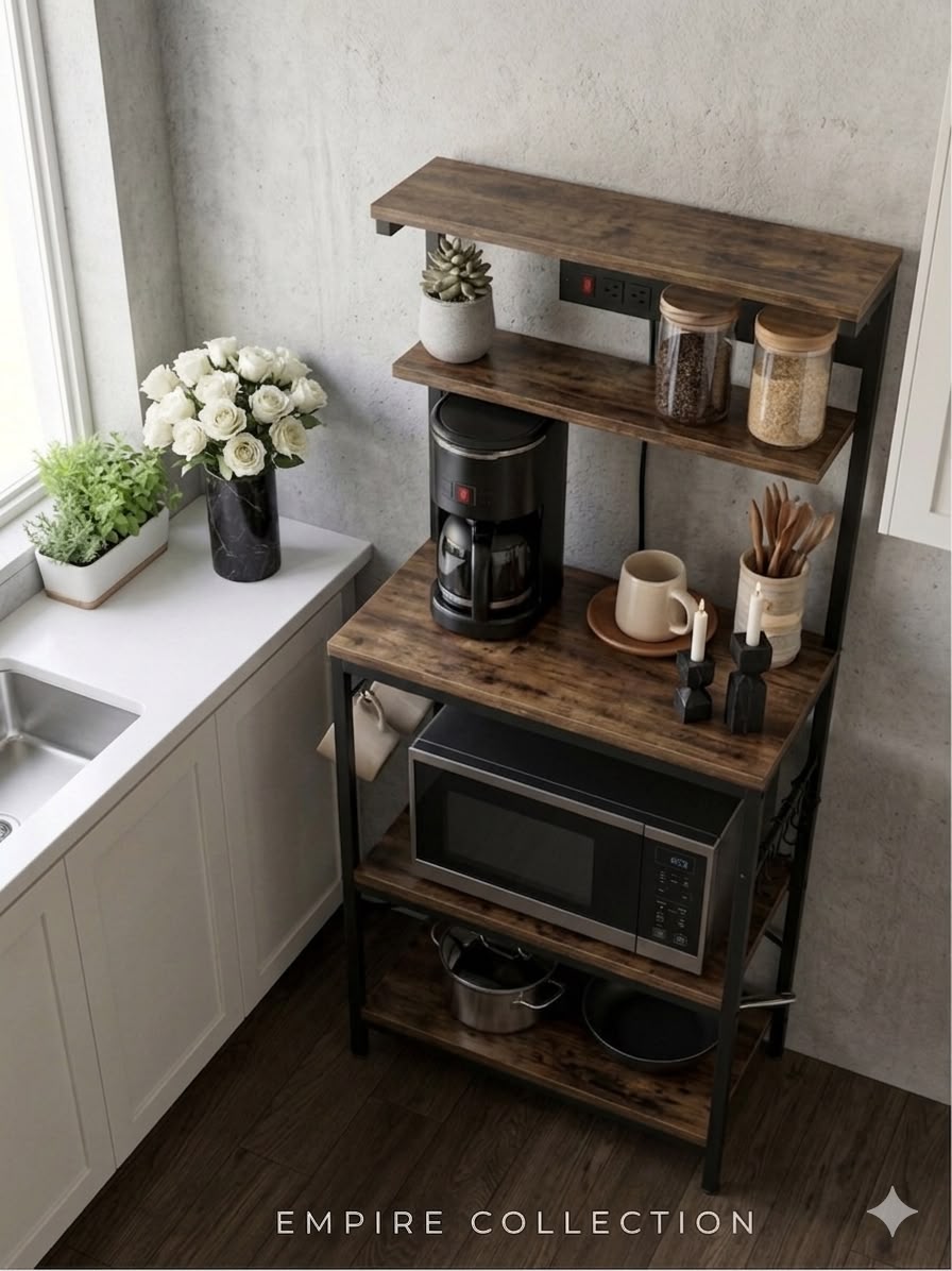 5 Tier Microwave Oven Rack | Kitchen Storage Organizer | Heavy Duty Metal & Wood Shelf | Empire Collection