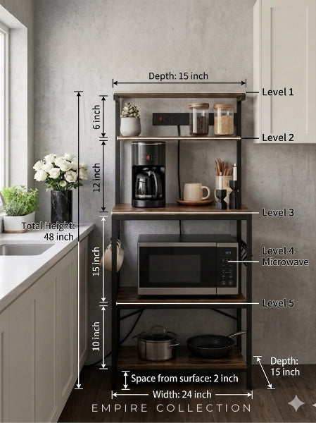 5 Tier Microwave Oven Rack | Kitchen Storage Organizer | Heavy Duty Metal & Wood Shelf | Empire Collection